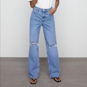 ZARA Wide Leg Full Length Ripped Jeans in Indigo